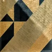 Mosaic artwork, gold and black geometric pattern, textured metallic finish with shimmering tesserae, layered abstract composition, studio shot.